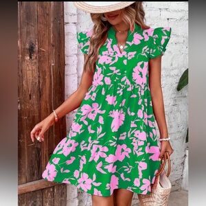SHEIN floral print notched neck ruffle trim dress